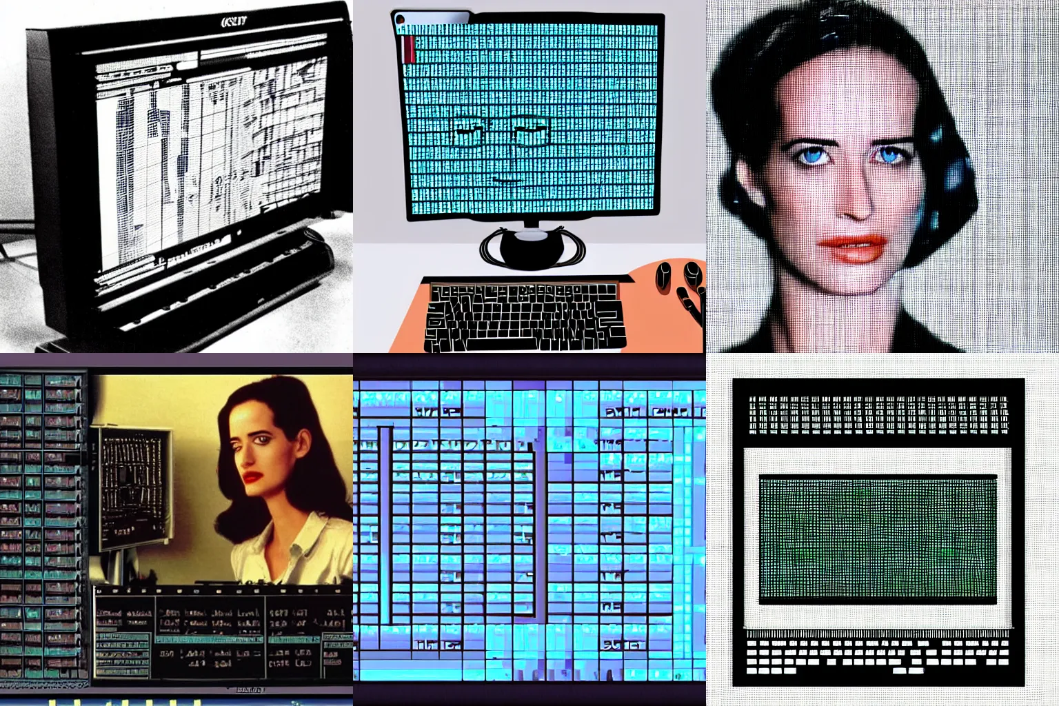 Prompt: a old computer terminal with eva green in the screen made with ascii characters