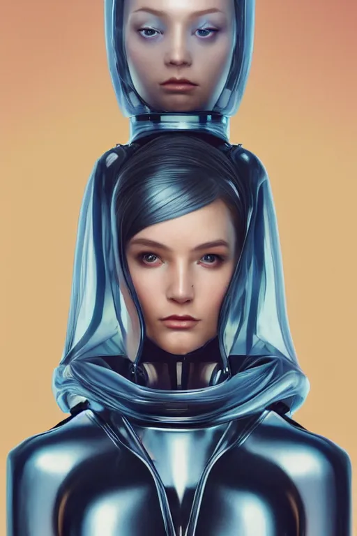 Image similar to a beautiful half body image of a futuristic android with body made of translucent plastic, long hair made of cellophane with a plastic hood and mechanical internal parts, symmetrical and realistic proportions by Irakli Nadar, tom bagshaw, Charlie Bowater with details by Jason Felix, furio tedeschi, face by ilya kuvshinov, artgerm, cinematic backlit lighting, beauty retouch, elite, photo realistic, octane render, hyper real, ultra detailed, trending on artstation pinterest and deviantart