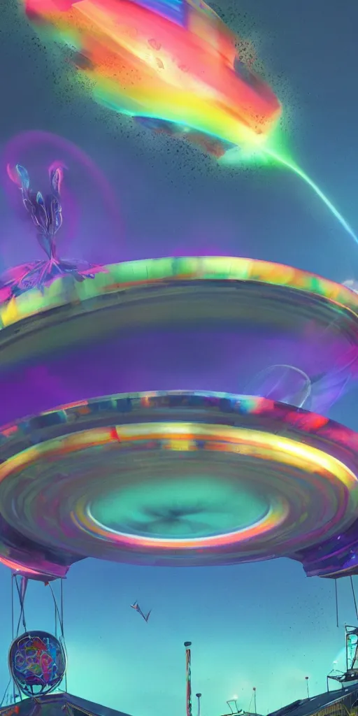 Image similar to impossibly beautiful ufo opening a wormhole over the state fair, bad trip, intricate complexity, surreal horror, inverted neon rainbow drip paint, trending on art station, photoreal, 8 k, octane render by greg rutkowski, rafał olbinsk and salvador dali