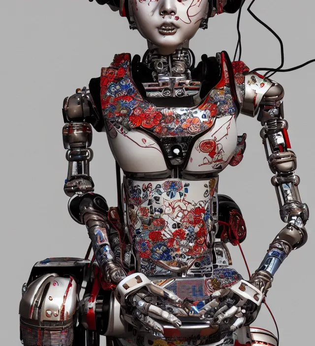 Image similar to full body portrait of a beautiful japanese robotic geisha with wires and kanji tattoos and decals, dramatic lighting, hyper - realistic, ultra - realistic, intricate details, japanese model, 8 k ultra high definition, octane render