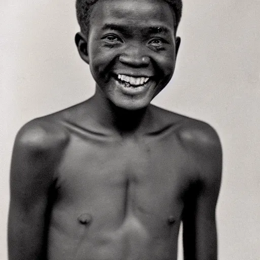 Image similar to photograph of a african person with japanese eyes and a grotesque smile