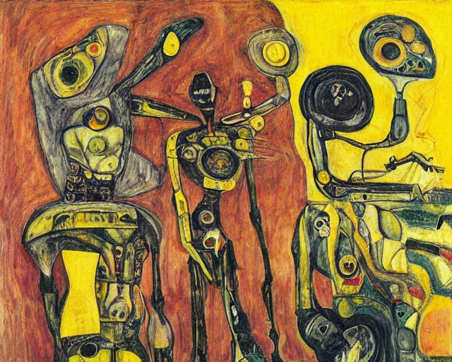 Image similar to a painting of a aliens and robots by graham sutherland, egon schiele, expressionism