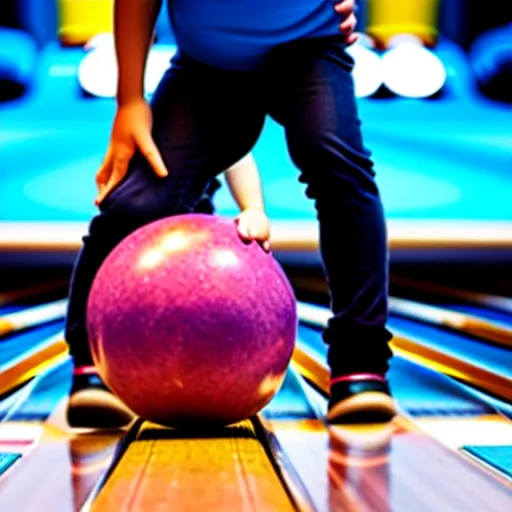 Prompt: a bowling ball with arms and legs holds a small human man in his hands in a bowling alley