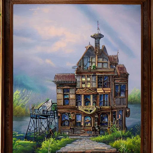 Prompt: a beautiful painting of a building in a serene landscape, steampunk