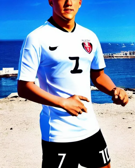 Image similar to portrait Anime Alexis Sanchez; white football shirt, Marseille beach in background || anime, manga cute-fine-face, pretty face, realistic shaded Perfect face, fine details. Anime. realistic shaded lighting by Katsuhiro, Otomo