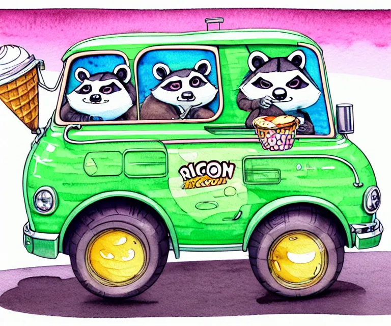 Image similar to cute and funny, racoon riding in a tiny ice cream truck with an oversized engine, ratfink style by ed roth, centered award winning watercolor pen illustration, isometric illustration by chihiro iwasaki, edited by range murata, tiny details by artgerm and watercolor girl, symmetrically isometrically centered, sharply focused