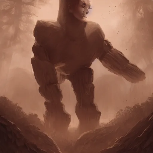 Prompt: A very detailed large wooden golem creature protecting the forest, Charlie Bowater art style, digital fantasy portrait
