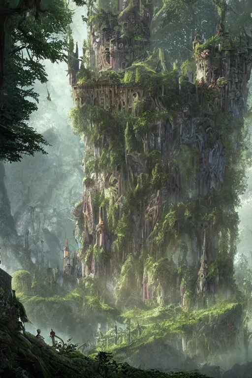 Image similar to fairy palace-castle, towers, gnarly trees, lush vegetation, forrest, landscape, raphael lacoste, eddie mendoza, alex ross, concept art, matte painting, highly detailed, rule of thirds, dynamic lighting, cinematic, detailed, denoised, centerd