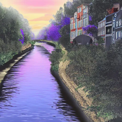 Image similar to digital art painting of a river running through a european town, very mediocre, not detailed at all.