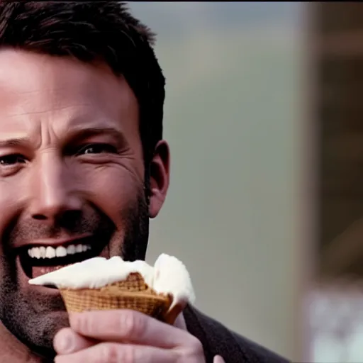 Image similar to A still of Ben Affleck's Batman smiling while eating an ice cream, 4k, ultra realistic, detailed, award winning