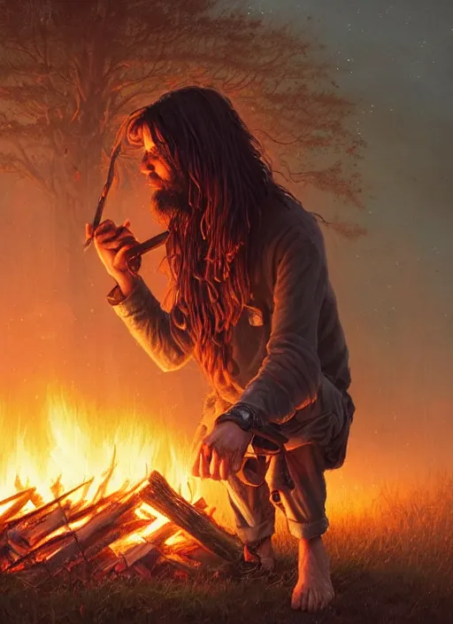 Image similar to highly detailed portrait of long - haired hillbilly around a bonfire, stephen bliss, unreal engine, art by greg rutkowski, loish, rhads, ferdinand knab, makoto shinkai and lois van baarle, artgerm, pixar, ilya kuvshinov, rossdraws, tom bagshaw, global illumination