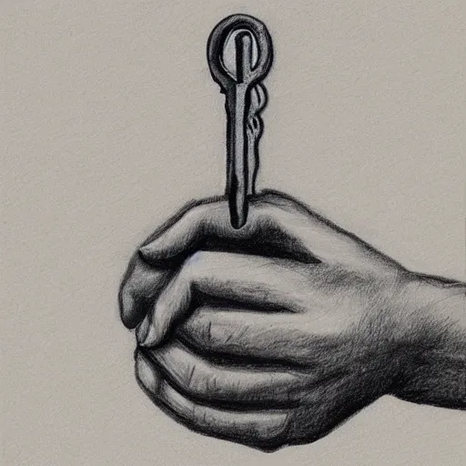 Prompt: hand holding a key, white background, drawing by Henry Moore