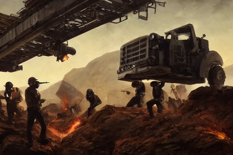 Prompt: intense dramatic still of a ragtag group of miners and factory workers with improvised weapons and firearms, a black p - 5 0 0 0 powered loader, on the surface of an asteroid, outside of a high tech industrial building, oil painting by charles frederic ulrich, jason ryan artstation, greg rutkowski, trending on artstation, incredible detail