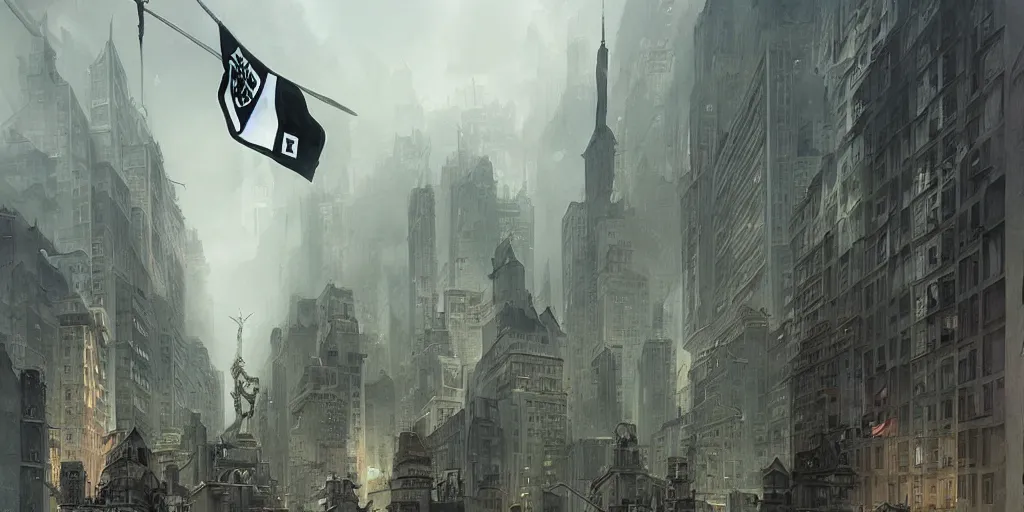 Image similar to New york occupied by the wehrmacht, svastika flag hanging from the buildings, dark sci-fi, matte painting, style of peter mohrbacher