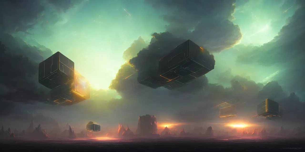 Image similar to a fleet of giant glowing futuristic cubes tied to each other with lots of thick messy wires in the sky, a fantasy magical landscape seen in the distance, atmospheric lighting, intricate, volumetric lighting, beautiful, sharp focus, ultra detailed, in the art style of marc simonetti, bowater charlie and brom gerald, astrophotography