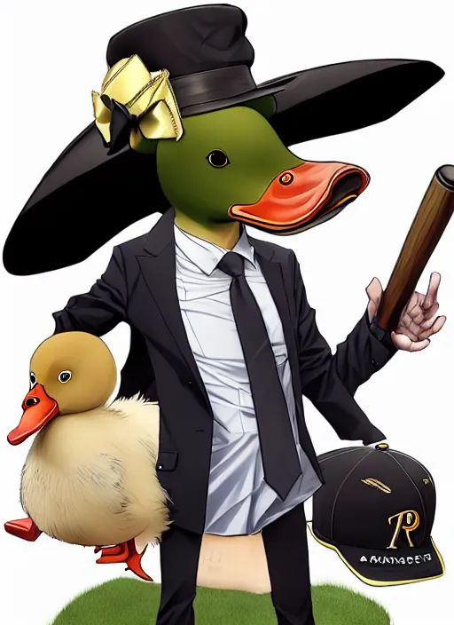 Image similar to commissioned full body portrait of a male anthro duck fursona with a duck head wearing a nice black suit and a fedora holding a baseball bat sitting on the hood of a police patrol car in a baseball stadium, by a professional manga illustrator, Stanley Artgerm Lau, WLOP, Rossdraws, James Jean, Andrei Riabovitchev, Marc Simonetti, and Sakimichan, trending on artstation