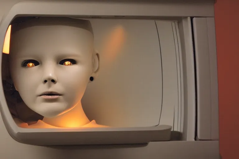 Image similar to humanoid robot sticking her head inside of a microwave, from 2001, bathed in the glow of a crt television, low-light photograph, in the style of jack bridgeland