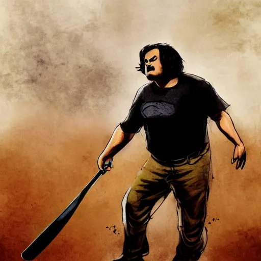 Image similar to jack black in the apocalypse picking up a baseball bat, concept art