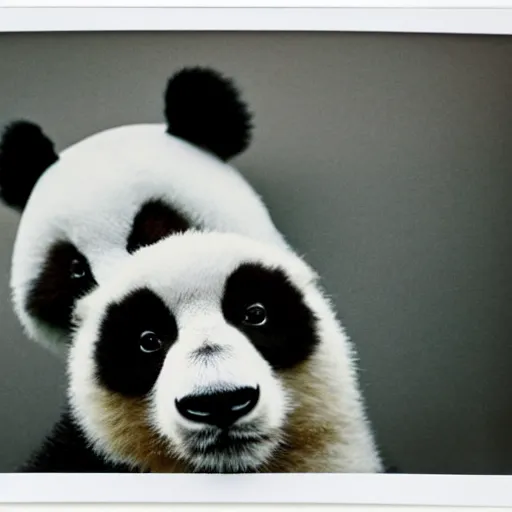 Image similar to grainy head to shoulder portrait polaroid film photograph of a panda in a mall wearing aviator shades. super resolution. surreal. extremely detailed. polaroid 6 0 0 film. by annie leibovitz and richard avedon