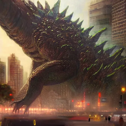 Image similar to a hyper-realistic stunning oil painting of a giant Godzilla monster peacefully coexisting with the people of Neo Tokyo; hyper-detailed!!!; an extraordinary masterpiece!!!; flawless; trending on artstation