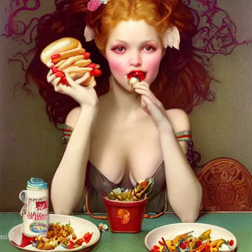 Prompt: 3 girlfriends, hot dogs and yogurt is a messy eating contest, wlop, elvgren, mucha, mark ryden