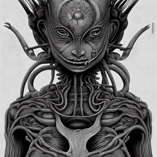 Image similar to naraka buddhist demon korean female, happy female alien, tubular creature, blood vessels, no face, dystopian surrealism, alex ries zdzisław beksinski, symmetrical long head, smooth marble surfaces, smooth marble surfaces, detailed ink illustration, detailed ink illustration, raiden metal gear, cinematic smooth stone, deep aesthetic, concept art, intricate