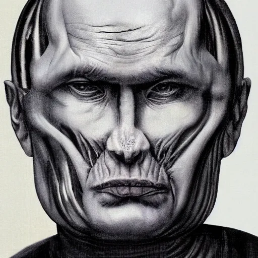 Image similar to Portrait by H.R.Giger of Putin Abomination, photo-realistic, 2K, highly detailed