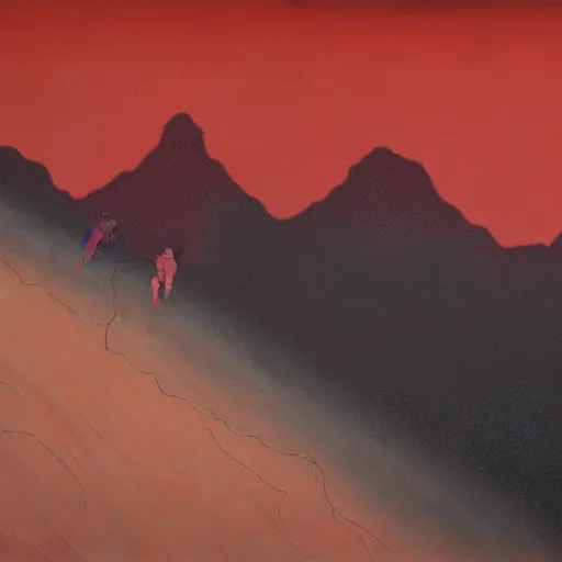 Image similar to a paint and pastel - on - board piece that shows a central androgynous figure against a blood - red sky. the person's mouth is open wide in a silent scream, while their eyes are black voids. they are surrounded by two other people, one of whom is also screaming. the background is a jagged landscape with mountains and water.