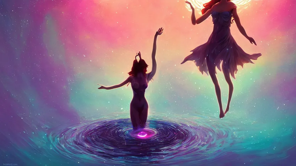 Image similar to one beautiful whimsical goddess standing in a lake basking in the moonlight, casting a spell, underneath a multi-colored binary blackhole with an accretion disc, glowing trails following her arms, acidwave, by Lois van Baarle, by Greg Rutkowski, by artgerm, by beeple, by studio ghibli, cinematic angle, volumetric lighting, 4k resolution, octane render, trending on artstation, masterpiece