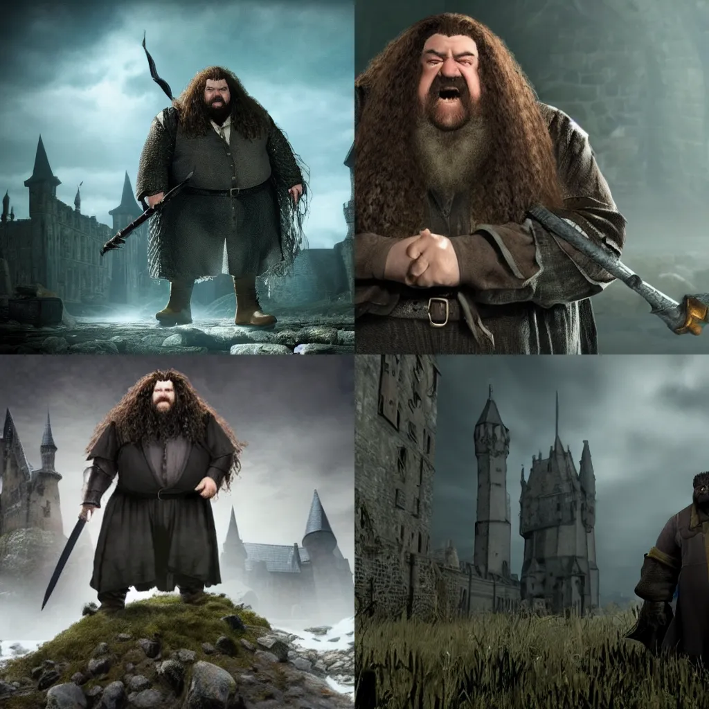 Prompt: hagrid as a dark souls boss, in - game footage