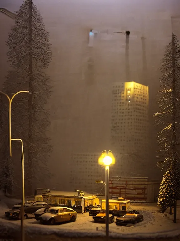 Prompt: 3 5 mm shot of mega detailed diorama a soviet residential building, brutalism architecture, lights are on in the windows, old soviet car parking nearby, sad man in winter jacket passing by, dark night, cozy and peaceful atmosphere, fog, cold winter, blizzard, streetlamps with orange light, several birches nearby