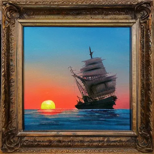 Image similar to medieval ship on the sea, sunset, painting style