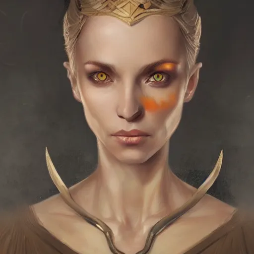 Image similar to a detailed matte head - on portrait painting of an middle - aged half - tiefling noblewoman with golden eyes and short well kept hair, by charlie bowater, lise deharme, wlop, tending on arstation, dungeons and dragon, dnd, pathfinder, fanart, oil on canvas