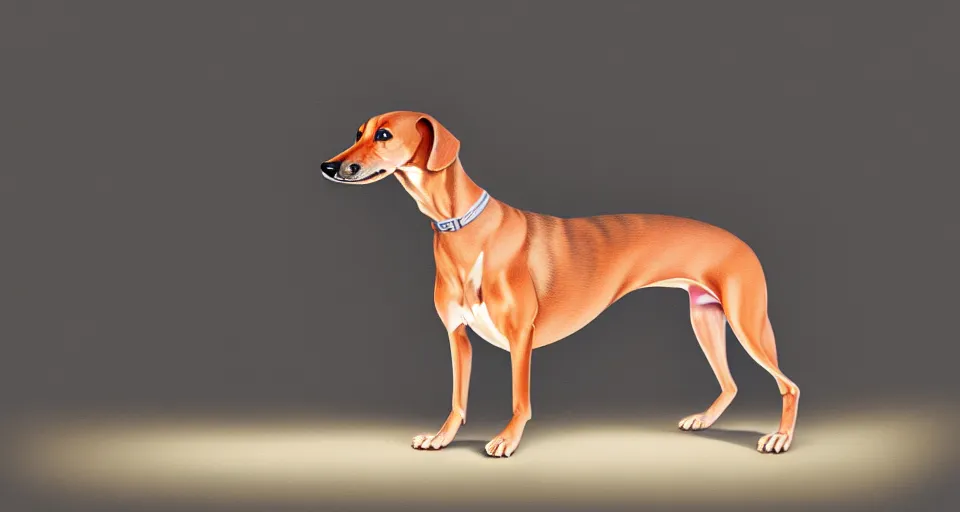 Image similar to a digital painting of a greyhound - sausage dog hybrid, isolated, hyperealism, award winning, stunning, trending on art - sation, highly detailed, cinematic lighting, 8 k, hd