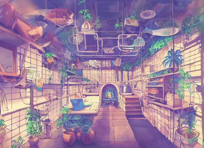 Image similar to pleasing two - point - perspective anime background clean neat clarity professional visual development set design, tiny cozy store with hanging bird cages and bright fish aquariums, sparse planted terrariums, dim painterly lighting volumetric aquatics, impasto, trending on pixiv