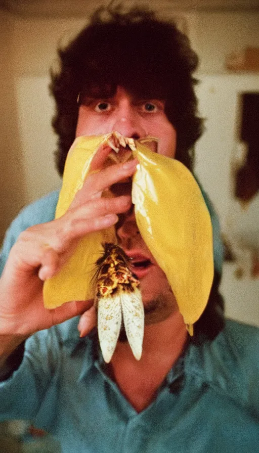 Prompt: 7 0 s movie still of a man with his mouth full of moth in a yellow tiny tunnel, cinestill 8 0 0 t 3 5 mm eastmancolor, heavy grain, high quality, high detail
