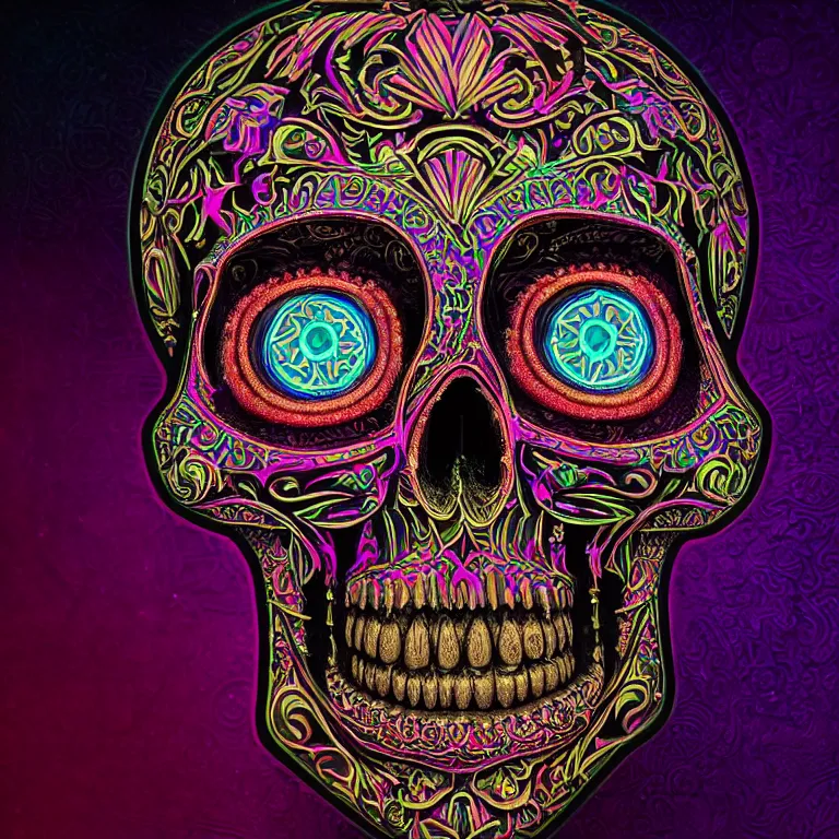 Image similar to a highly detailed photographic render of intricately carved sugar skull, psychedelic, black background, neon light, intricate ornament, gilding, horror, dark fantasy, beautifully lit, ray traced, octane 3D render in the style of Gerald Brom and James Gurney