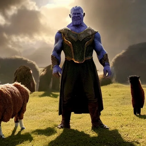 Prompt: Thanos as Frodo Baggins and an alpaca, the shire, short person, the ring, lord of the rings, photobomb