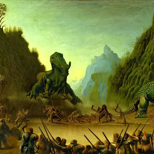 Image similar to A green scaly dinosaur fighting with several realistic detailed cavemen armed with spears, coarse canvas, visible brushstrokes, intricate, extremely detailed painting by Jan van Goyen