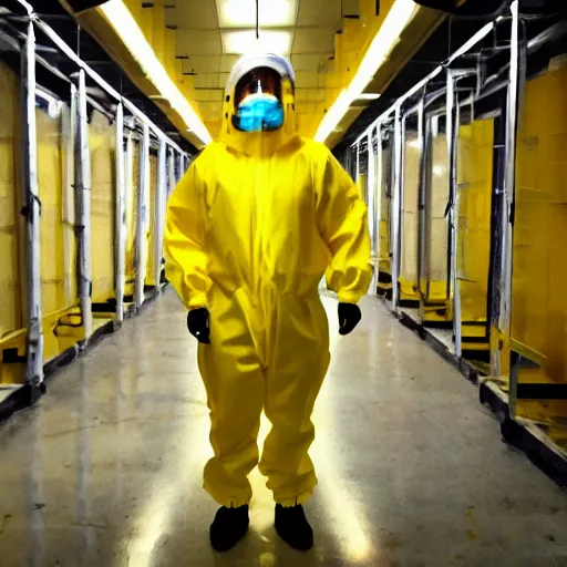 Prompt: a man wearing a yellow hazmat suit inside the dark empty backrooms, liminal space, flickering fluorescent lights, eerie mood