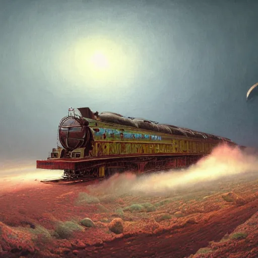 Prompt: an enormously and highly realistic and detailed concept painting of a old Steam locomotive made of locusts racing towards infinity in space , art by Beksinski, Vlad Gheneli, Andreas Rocha, john howe, albert Bierstadt, alena, rectilinear, octane render., trending on artstation.