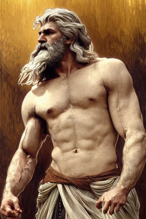 Image similar to painted portrait of rugged zeus, god of thunder, greek god, white hair, masculine, mature, handsome, upper body, flowy robe, muscular, hairy torso, fantasy, intricate, elegant, highly detailed, digital painting, artstation, concept art, smooth, sharp focus, illustration, art by gaston bussiere and alphonse mucha