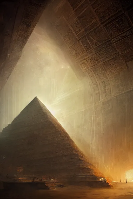 Prompt: inside of a pyramid of gizah, intricate, elegant, volumetric lighting, digital painting, highly detailed, artstation, sharp focus, illustration, concept art, ruan jia, steve mccurry