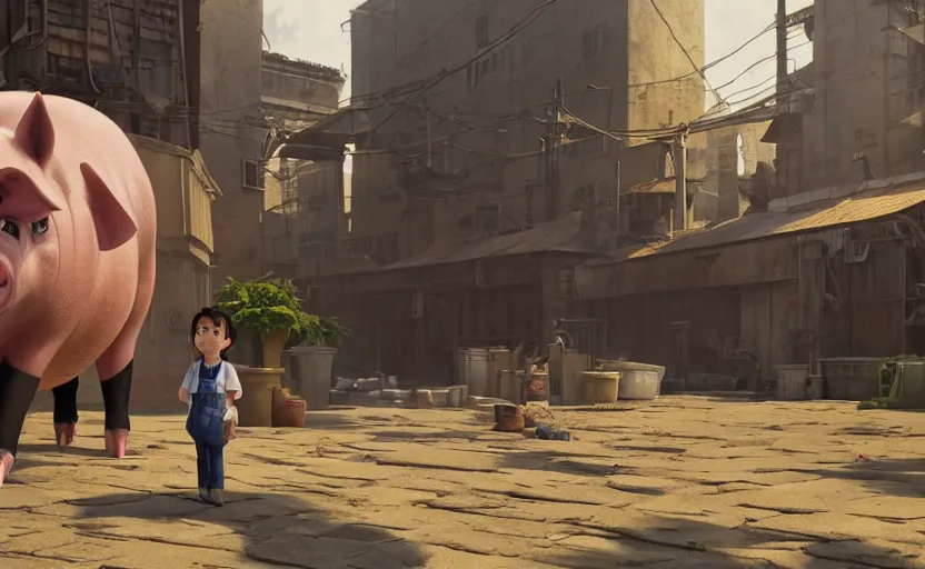 Image similar to a film still The pig factory, medium shot, waist up, studio Ghibli, Pixar and Disney animation, sharp, Rendered in Unreal Engine 5, anime key art by Greg Rutkowski, Bloom, dramatic lighting