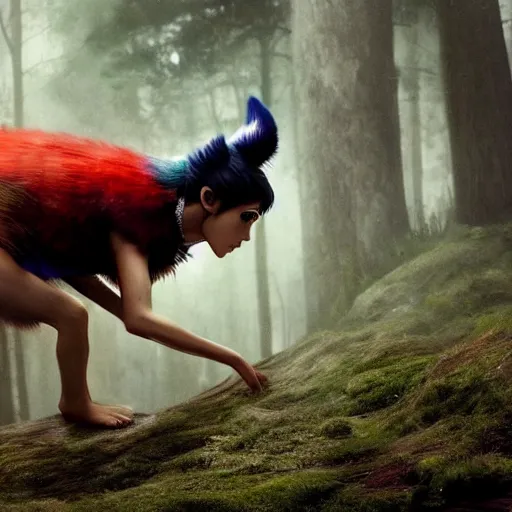 Image similar to katie perry as live action princess mononoke, still frame, sharp focus, cinematic, filmic