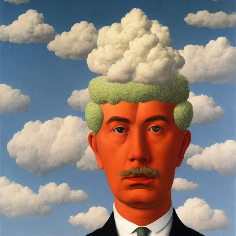 Prompt: portrait of a cloud head man by rene magritte, detailed painting, hd, hq, high resolution, high detail, 4 k, 8 k