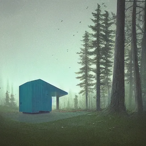 Image similar to “ swedish futuristic cabin next to the lake in the forest by simon stalenhag, misty morning ”