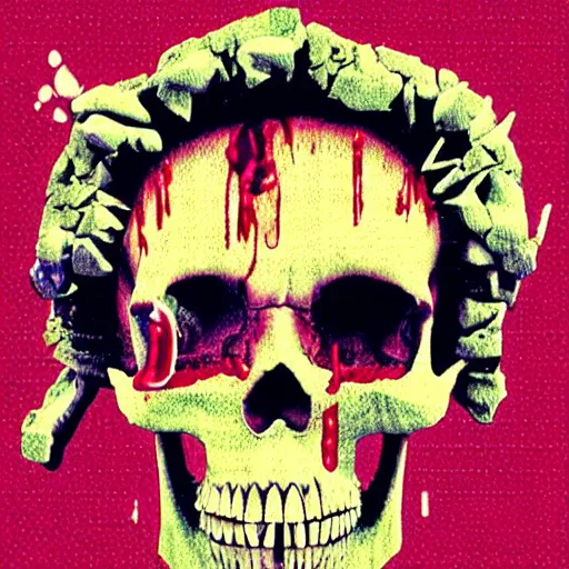 Prompt: screaming skull with blood coming out of its mouth, realistic, vaporwave pixel sorting