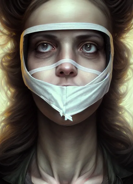 Prompt: closeup portrait shot of a nurse with bandages over eyes in a scenic dystopian environment, intricate, elegant, highly detailed, centered, digital painting, artstation, concept art, smooth, sharp focus, illustration, artgerm, tomasz alen kopera, peter mohrbacher, donato giancola, joseph christian leyendecker, wlop, boris vallejo