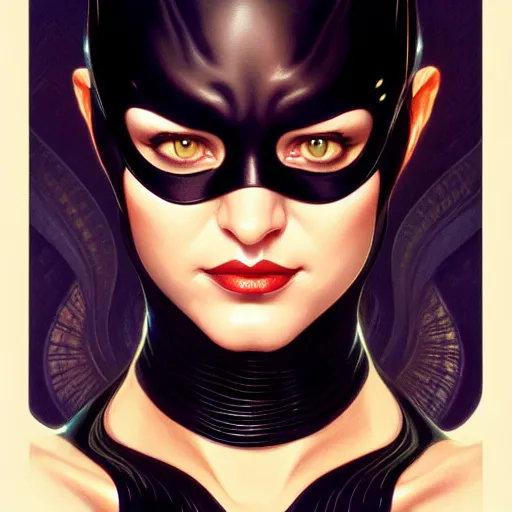 Prompt: symmetry!! front - faced portrait of catwoman, intricate, elegant, highly detailed, my rendition, digital painting, artstation, concept art, smooth, sharp focus, illustration, art by artgerm and greg rutkowski and alphonse mucha